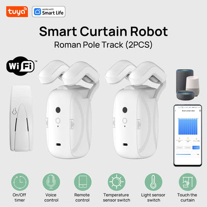 1/2PCS Tuya Smart Wifi Curtain Robot (with gateway), Roman Rod Track, APP Remote Control,Voice Control，Single/Double Opening